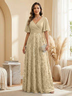 A Line V Neck Short Sleeve Chiffon Ruched Mother of the Bride Dresses with Sequin Embroidery (SHI22500231)