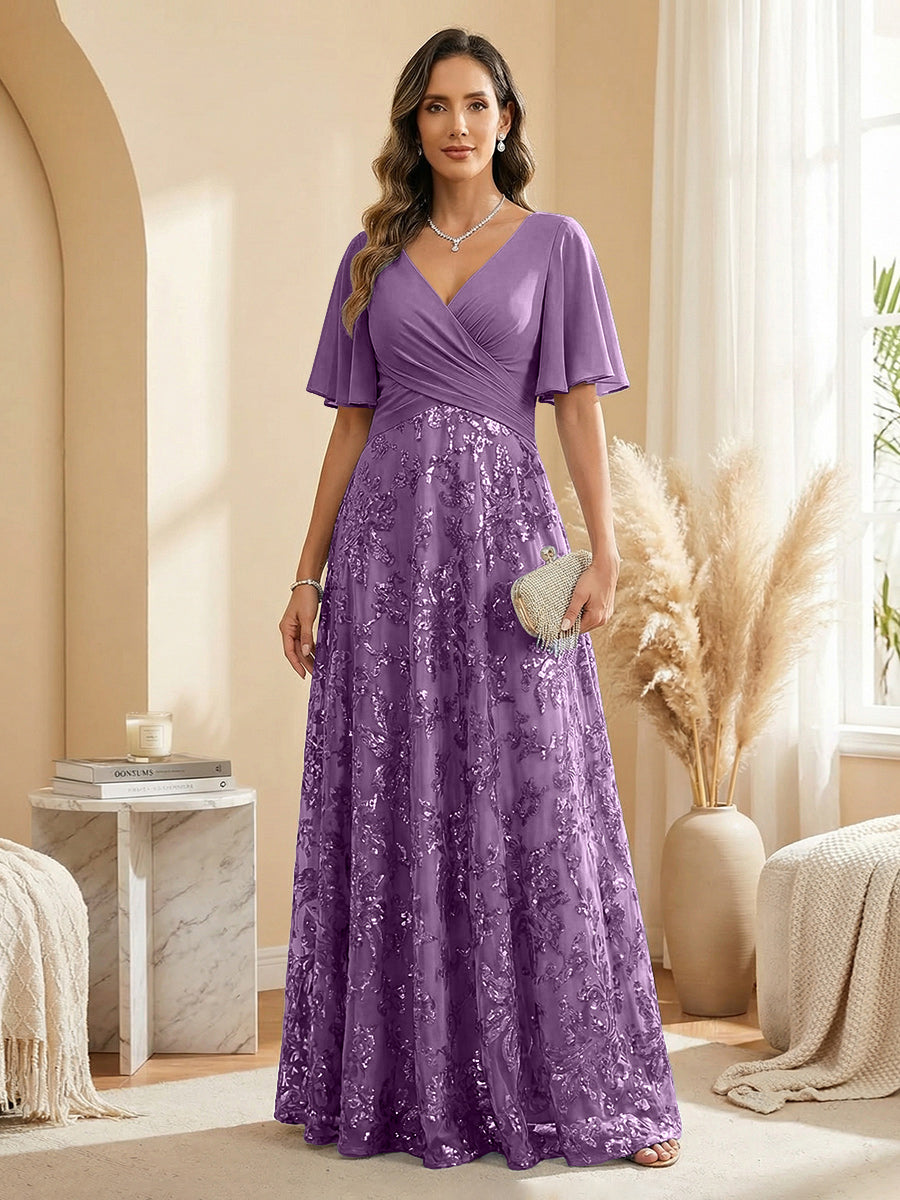 A Line V Neck Short Sleeve Chiffon Ruched Mother of the Bride Dresses with Sequin Embroidery (SHI22500231)