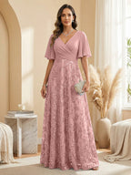 A Line V Neck Short Sleeve Chiffon Ruched Mother of the Bride Dresses with Sequin Embroidery (SHI22500231)