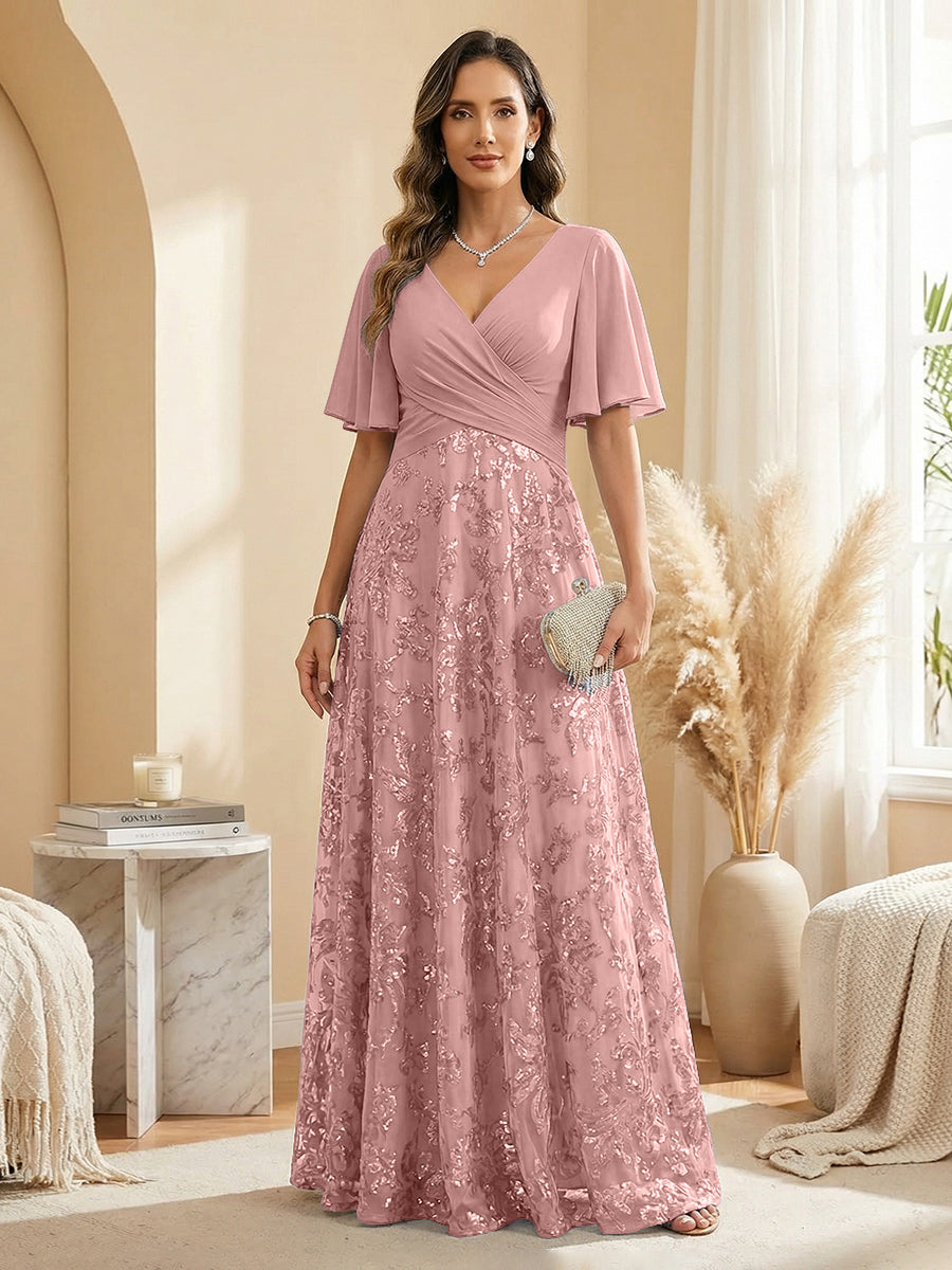 A Line V Neck Short Sleeve Chiffon Ruched Mother of the Bride Dresses with Sequin Embroidery (SHI22500231)