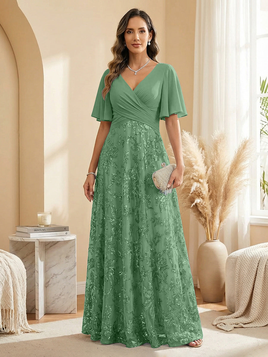 A Line V Neck Short Sleeve Chiffon Ruched Mother of the Bride Dresses with Sequin Embroidery (SHI22500231)