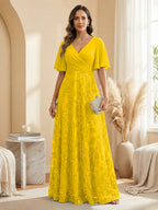 A Line V Neck Short Sleeve Chiffon Ruched Mother of the Bride Dresses with Sequin Embroidery (SHI22500231)