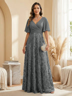 A Line V Neck Short Sleeve Chiffon Ruched Mother of the Bride Dresses with Sequin Embroidery (SHI22500231)