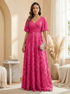 A Line V Neck Short Sleeve Chiffon Ruched Mother of the Bride Dresses with Sequin Embroidery (SHI22500231)