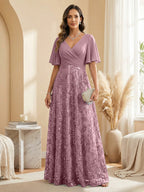 A Line V Neck Short Sleeve Chiffon Ruched Mother of the Bride Dresses with Sequin Embroidery (SHI22500231)
