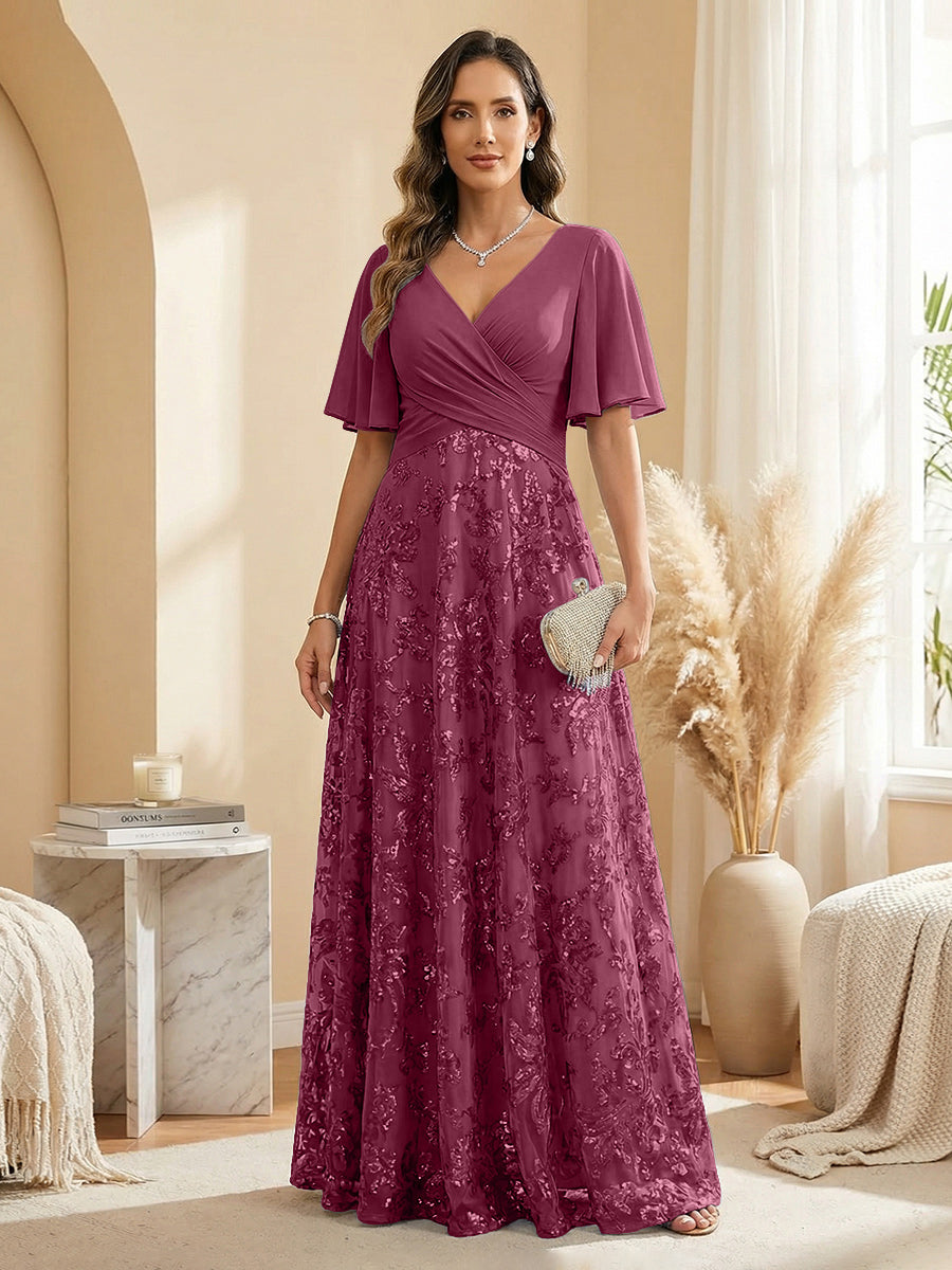 A Line V Neck Short Sleeve Chiffon Ruched Mother of the Bride Dresses with Sequin Embroidery (SHI22500231)