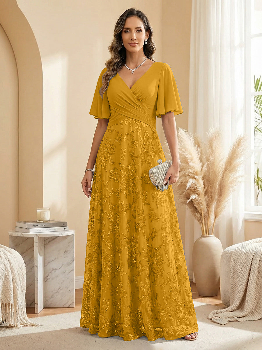 A Line V Neck Short Sleeve Chiffon Ruched Mother of the Bride Dresses with Sequin Embroidery (SHI22500231)