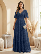 A Line V Neck Short Sleeve Chiffon Ruched Mother of the Bride Dresses with Sequin Embroidery (SHI22500231)
