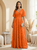 A Line V Neck Short Sleeve Chiffon Ruched Mother of the Bride Dresses with Sequin Embroidery (SHI22500231)