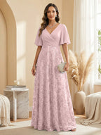 A Line V Neck Short Sleeve Chiffon Ruched Mother of the Bride Dresses with Sequin Embroidery (SHI22500231)