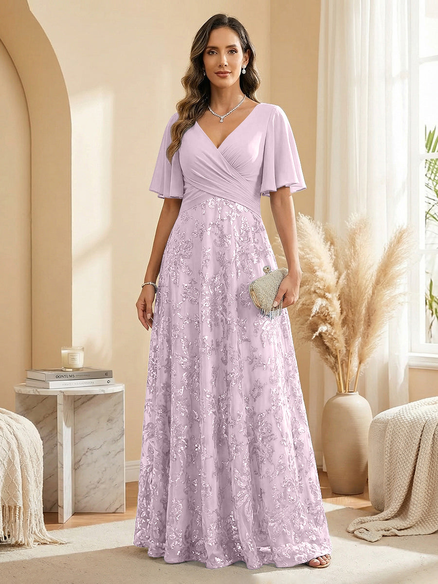 A Line V Neck Short Sleeve Chiffon Ruched Mother of the Bride Dresses with Sequin Embroidery (SHI22500231)