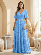 A Line V Neck Short Sleeve Chiffon Ruched Mother of the Bride Dresses with Sequin Embroidery (SHI22500231)