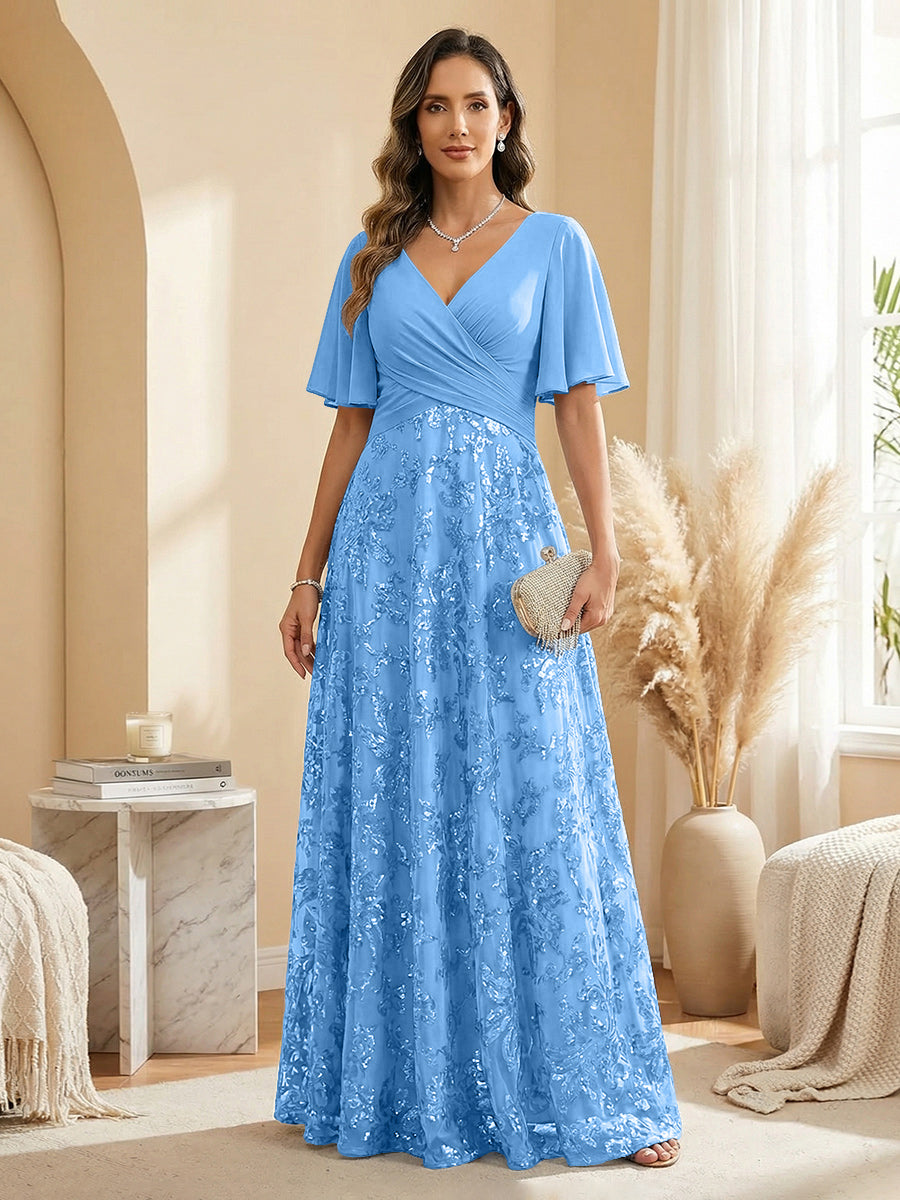 A Line V Neck Short Sleeve Chiffon Ruched Mother of the Bride Dresses with Sequin Embroidery (SHI22500231)