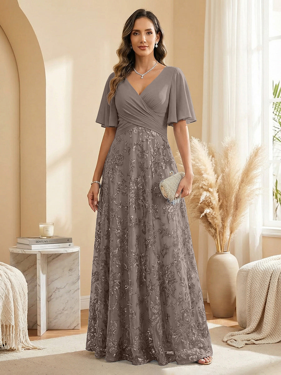 A Line V Neck Short Sleeve Chiffon Ruched Mother of the Bride Dresses with Sequin Embroidery (SHI22500231)