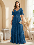 A Line V Neck Short Sleeve Chiffon Ruched Mother of the Bride Dresses with Sequin Embroidery (SHI22500231)