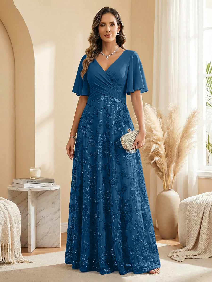 A Line V Neck Short Sleeve Chiffon Ruched Mother of the Bride Dresses with Sequin Embroidery (SHI22500231)
