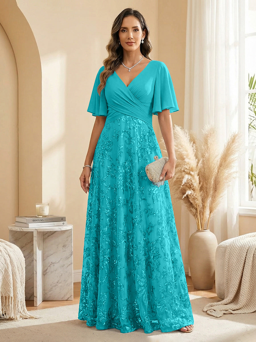A Line V Neck Short Sleeve Chiffon Ruched Mother of the Bride Dresses with Sequin Embroidery (SHI22500231)