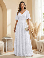 A Line V Neck Short Sleeve Chiffon Ruched Mother of the Bride Dresses with Sequin Embroidery (SHI22500231)