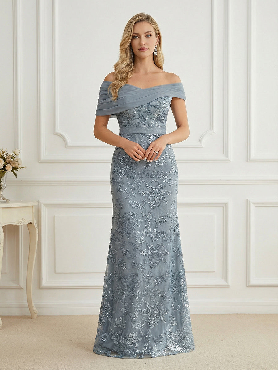 Mermaid Off Shoulder Short Sleeve Long Elegant Mother of the Bride Dresses with Sequin (SHI22500242)