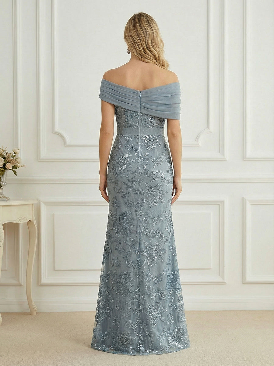 Mermaid Off Shoulder Short Sleeve Long Elegant Mother of the Bride Dresses with Sequin (SHI22500242)