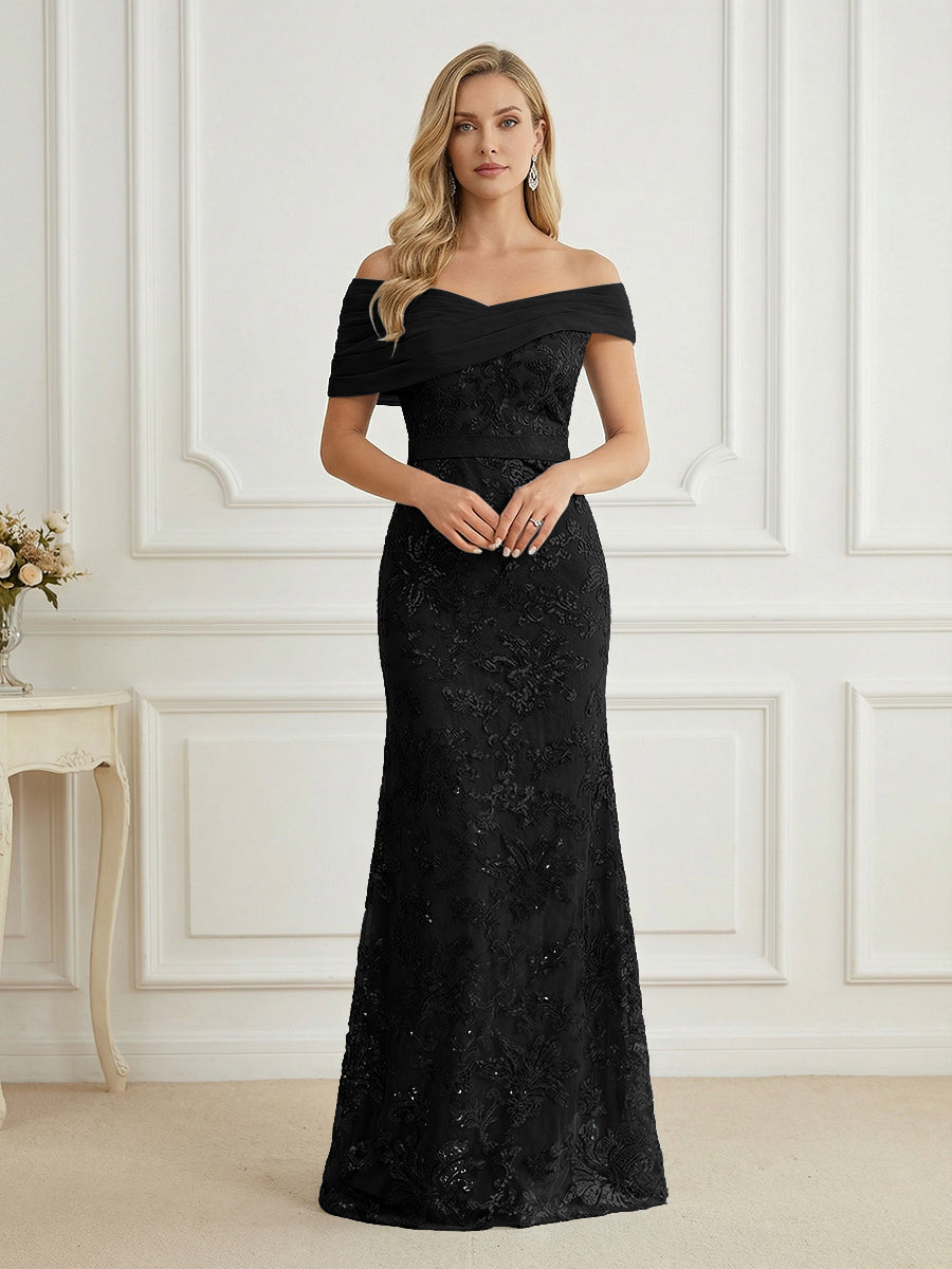 Mermaid Off Shoulder Short Sleeve Long Elegant Mother of the Bride Dresses with Sequin (SHI22500242)