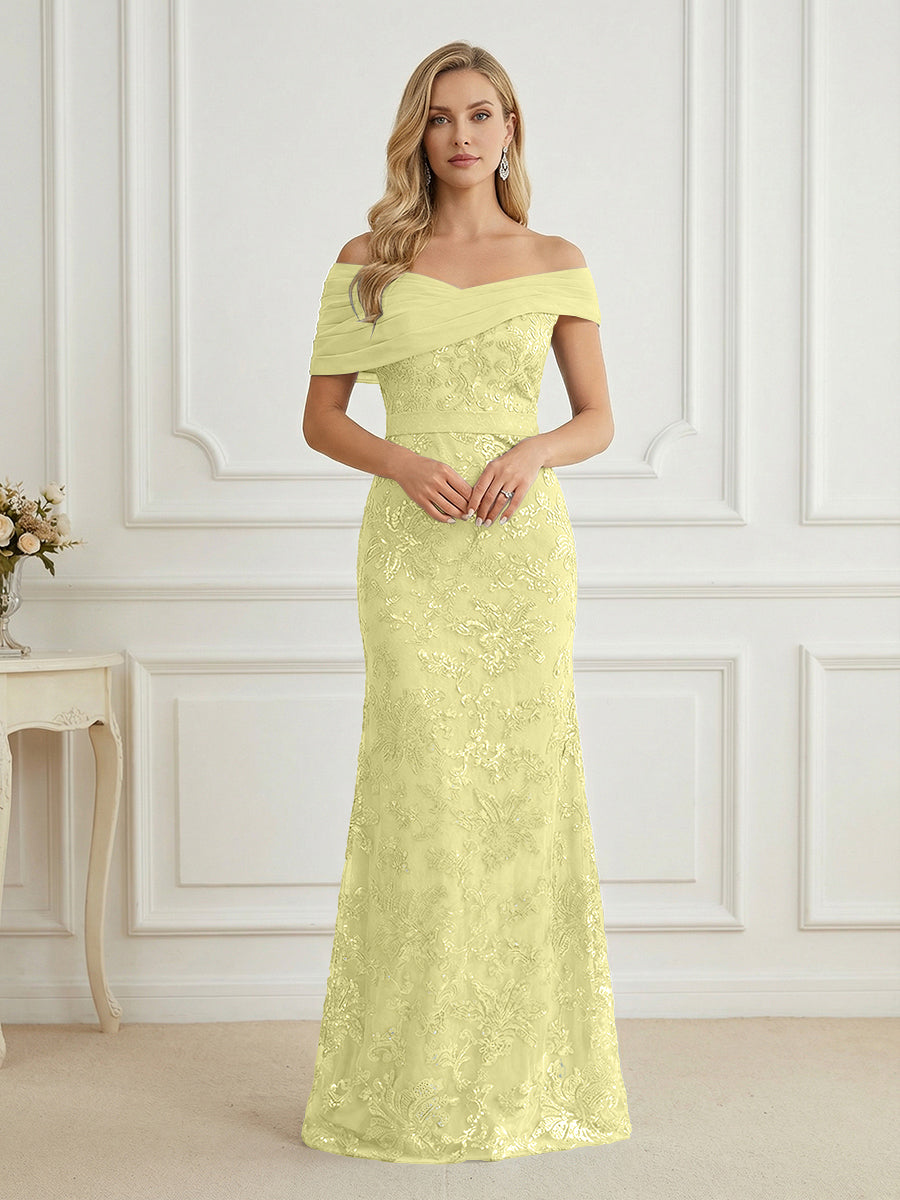 Mermaid Off Shoulder Short Sleeve Long Elegant Mother of the Bride Dresses with Sequin (SHI22500242)