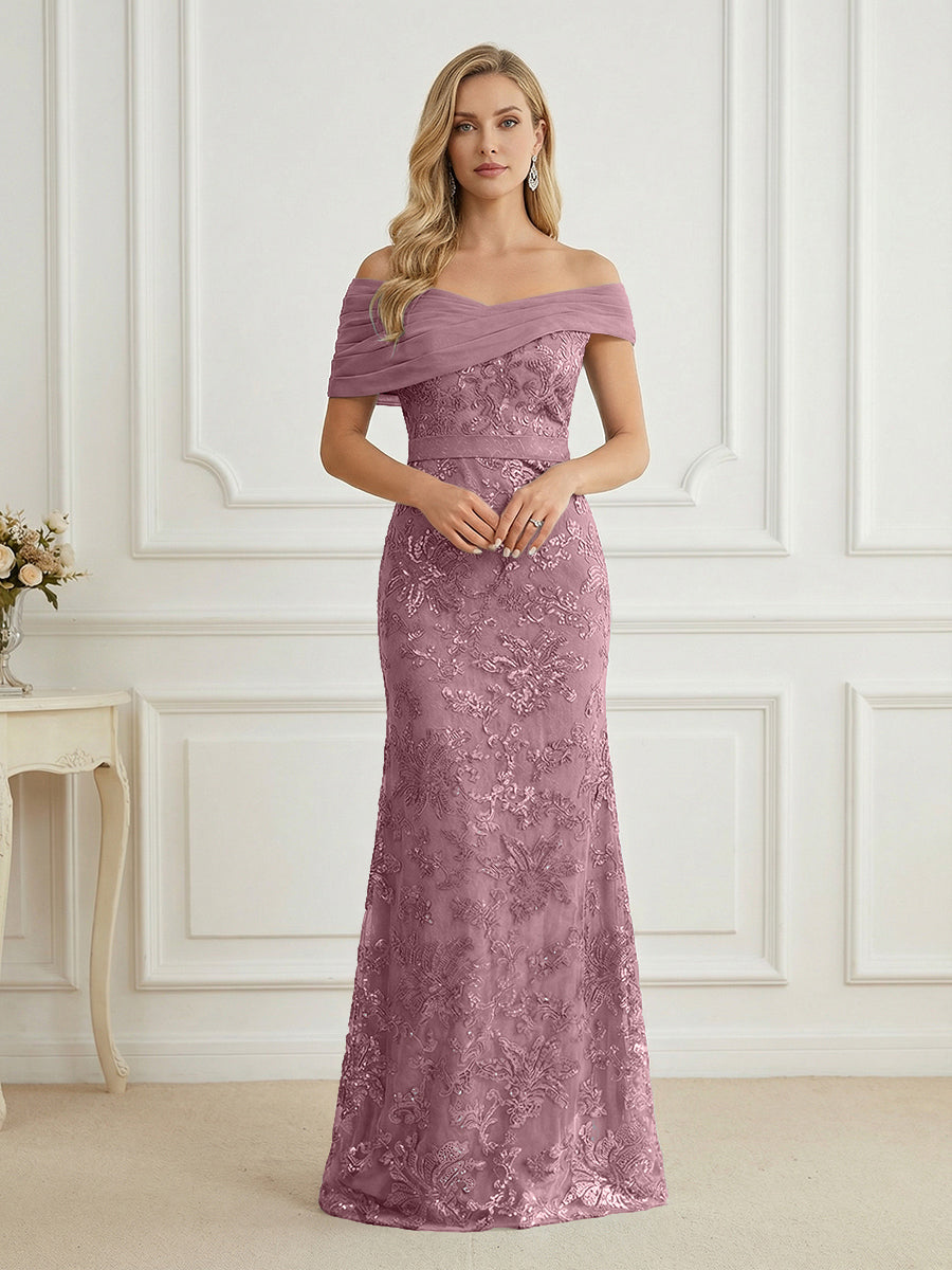 Mermaid Off Shoulder Short Sleeve Long Elegant Mother of the Bride Dresses with Sequin (SHI22500242)