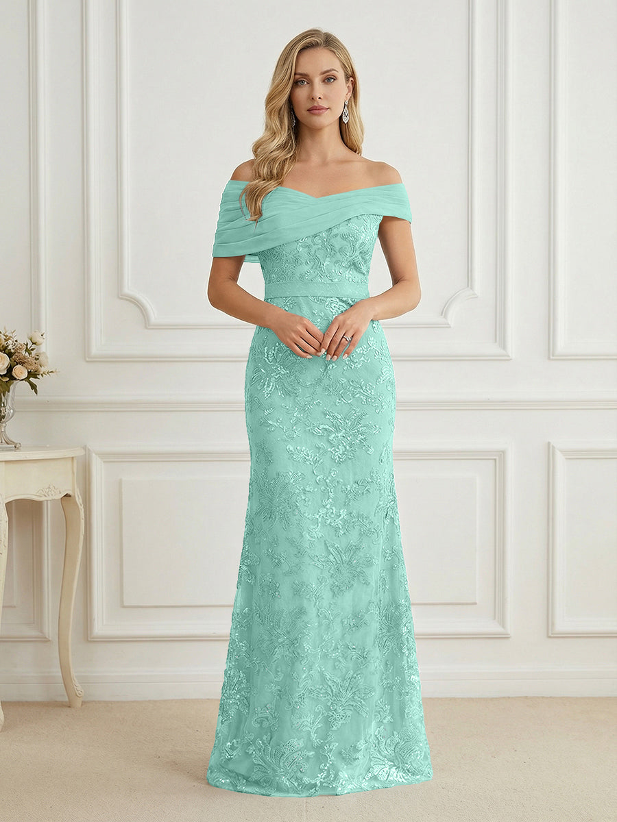 Mermaid Off Shoulder Short Sleeve Long Elegant Mother of the Bride Dresses with Sequin (SHI22500242)