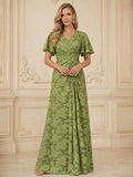 A Line V Neck Short Sleeve Floral Chiffon Ruched Mother of the Bride Dresses (SHI22500248)