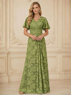 A Line V Neck Short Sleeve Floral Chiffon Ruched Mother of the Bride Dresses (SHI22500248)