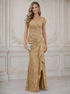 Cape Sleeve Floral Jacquard Satin Tea-Length Ruched Mother of the Bride Dresses 2 Piece (SHIA22500528)