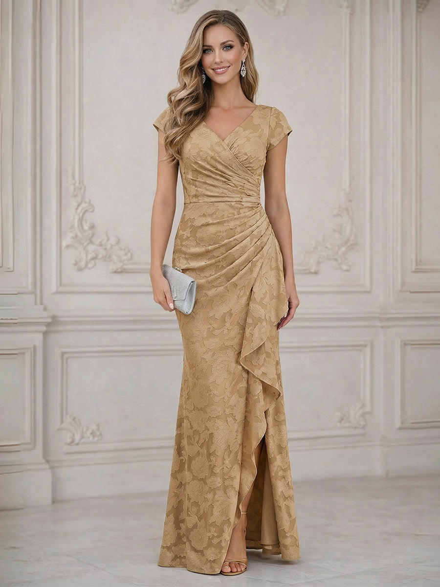 Cape Sleeve Floral Jacquard Satin Tea-Length Ruched Mother of the Bride Dresses 2 Piece (SHIA22500528)
