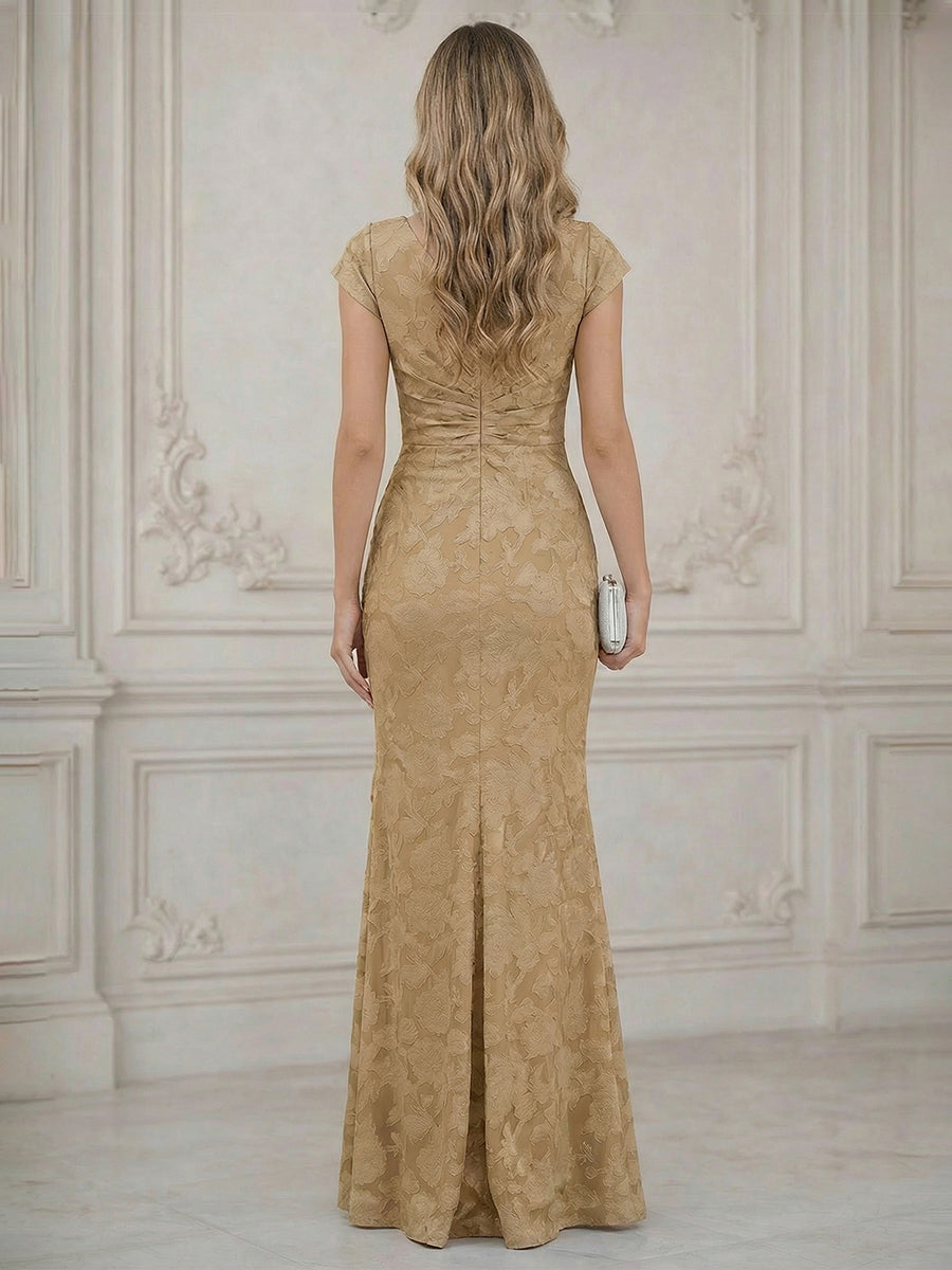Cape Sleeve Floral Jacquard Satin Tea-Length Ruched Mother of the Bride Dresses 2 Piece (SHIA22500528)