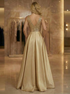 A-Line Metallic Satin Off Shoulder Bow Mother of the Bride & Groom Dresses with Floral Lace Appliques, Ruched Waist & Sweep Train (SHI22500425)