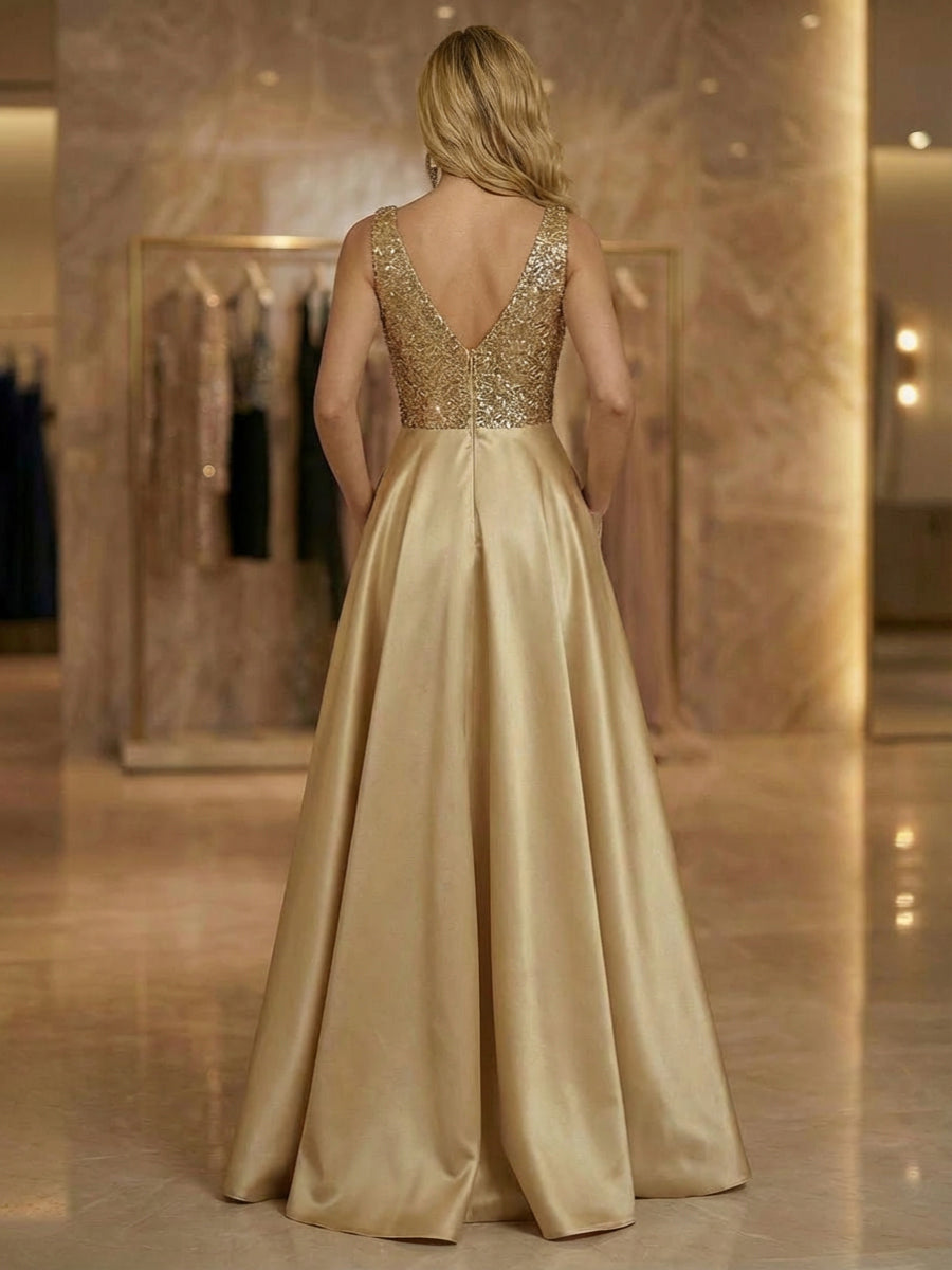 A Line V Neck Sleeveless Floor Length Mixed Mother of the Bride Dresses with Pleats (SHI22500260)