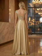 A Line V-Neck Stand Collar Half Sleeve Tea-Length Mother of the Bride Dresses with Jacquard (SHI22500307)