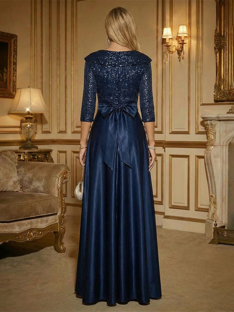 Sequin Floral A-Line/Princess V-Neck Floor-Length Mother of the Bride & Groom Dresses with 3D Flowers & Pleats (SHI22501350)