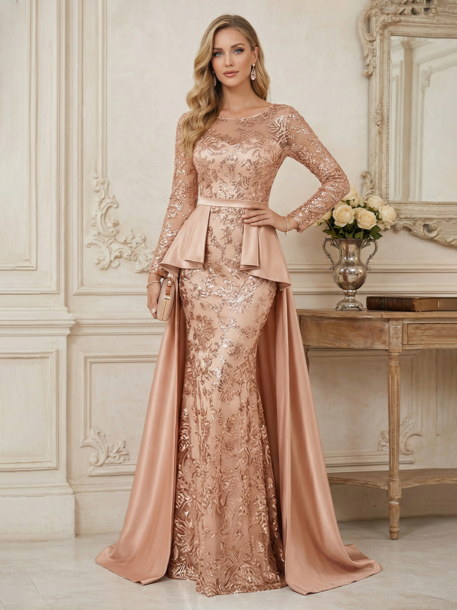Mermaid Scoop Long Sleeve Floor Length Mother of the Bride Dresses with Peplum & Appliques (SHI22500269)