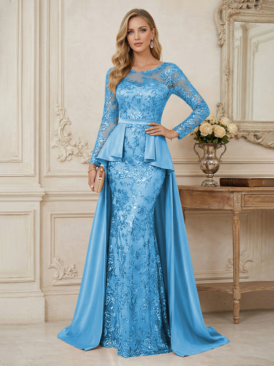 Mermaid Scoop Long Sleeve Floor Length Mother of the Bride Dresses with Peplum & Appliques (SHI22500269)