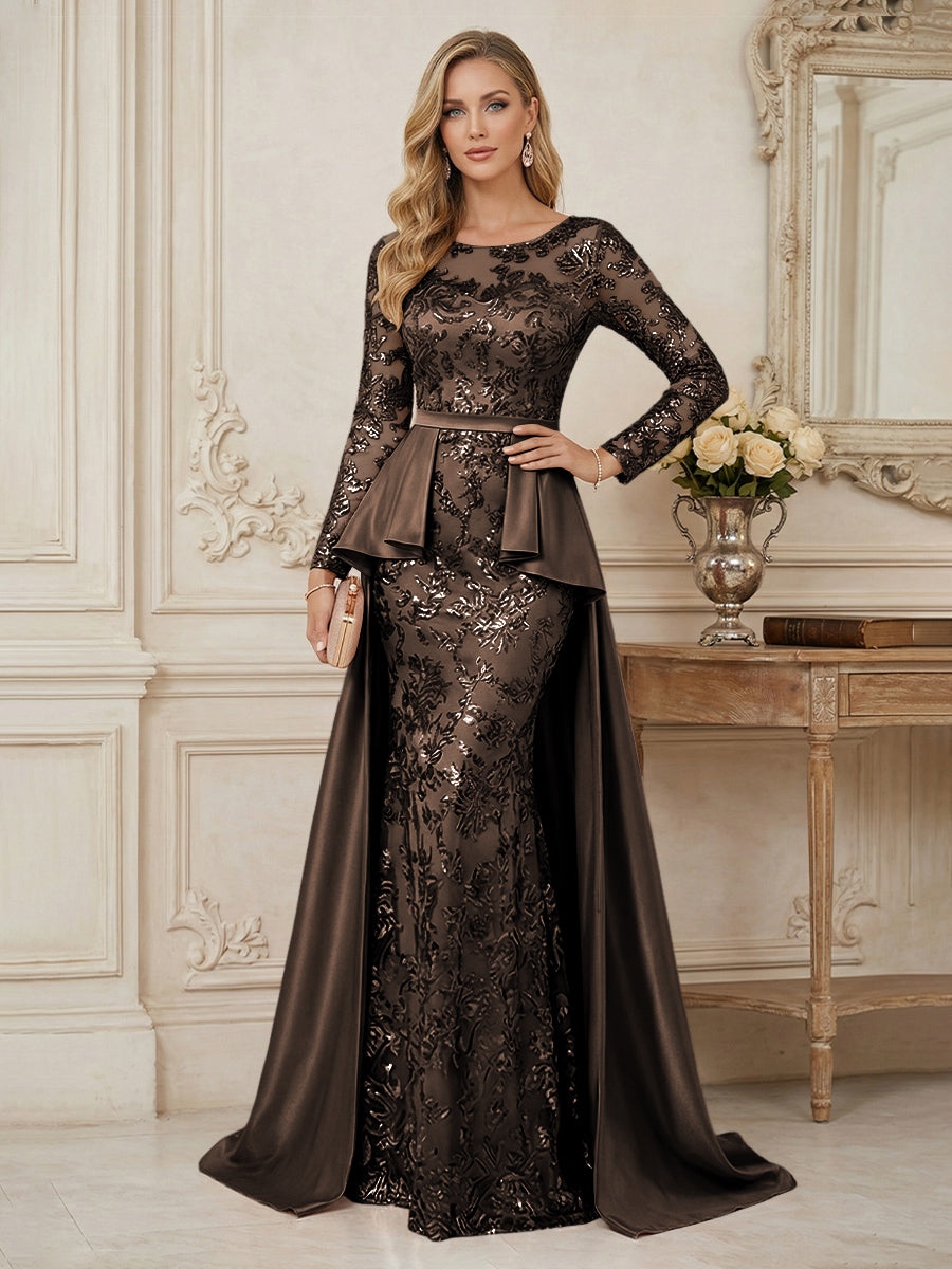Mermaid Scoop Long Sleeve Floor Length Mother of the Bride Dresses with Peplum & Appliques (SHI22500269)