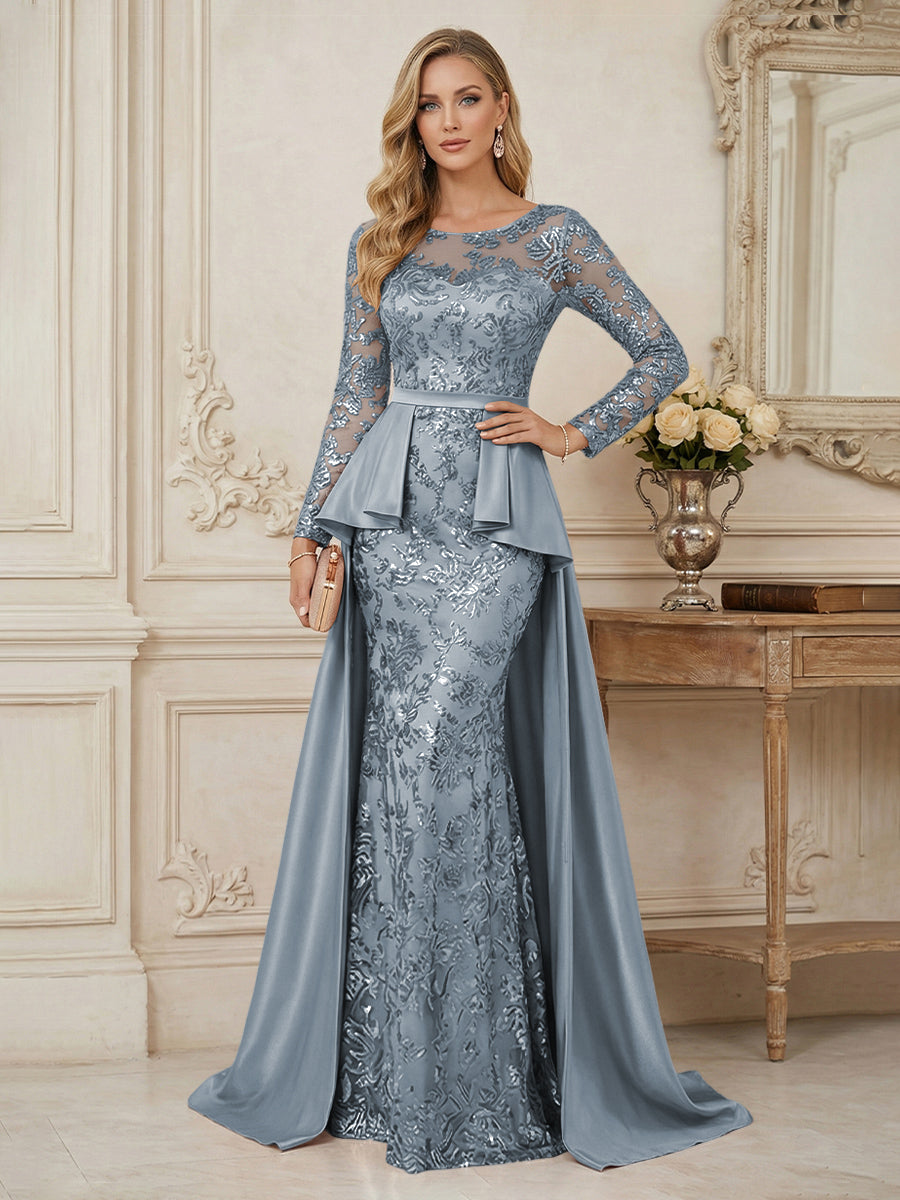 Mermaid Scoop Long Sleeve Floor Length Mother of the Bride Dresses with Peplum & Appliques (SHI22500269)