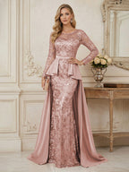 Mermaid Scoop Long Sleeve Floor Length Mother of the Bride Dresses with Peplum & Appliques (SHI22500269)