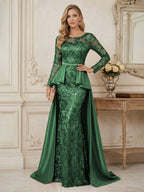 Mermaid Scoop Long Sleeve Floor Length Mother of the Bride Dresses with Peplum & Appliques (SHI22500269)