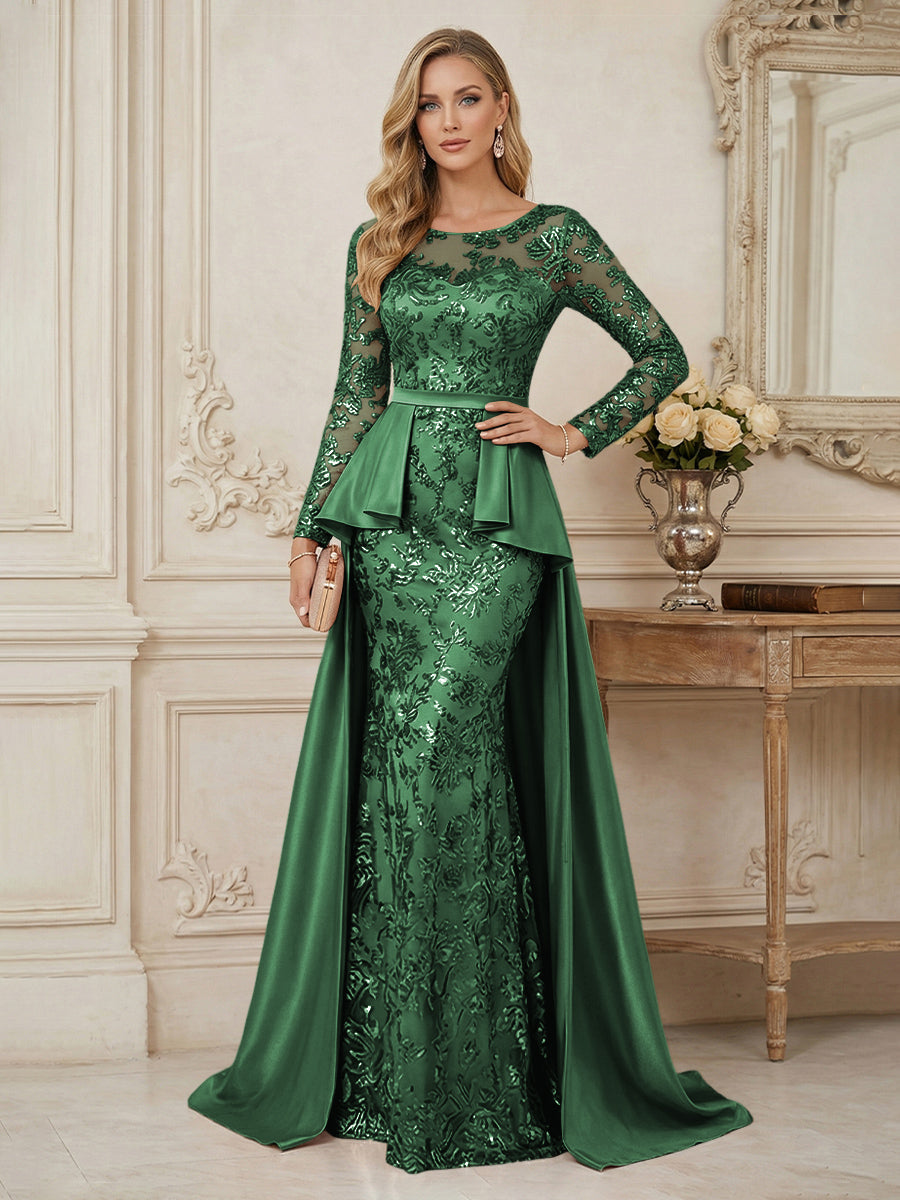 Mermaid Scoop Long Sleeve Floor Length Mother of the Bride Dresses with Peplum & Appliques (SHI22500269)