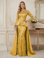 Mermaid Scoop Long Sleeve Floor Length Mother of the Bride Dresses with Peplum & Appliques (SHI22500269)