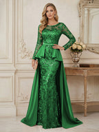 Mermaid Scoop Long Sleeve Floor Length Mother of the Bride Dresses with Peplum & Appliques (SHI22500269)