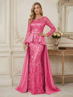 Mermaid Scoop Long Sleeve Floor Length Mother of the Bride Dresses with Peplum & Appliques (SHI22500269)