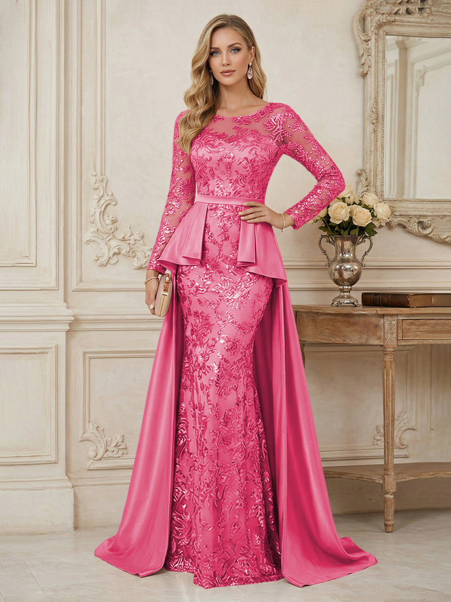 Mermaid Scoop Long Sleeve Floor Length Mother of the Bride Dresses with Peplum & Appliques (SHI22500269)