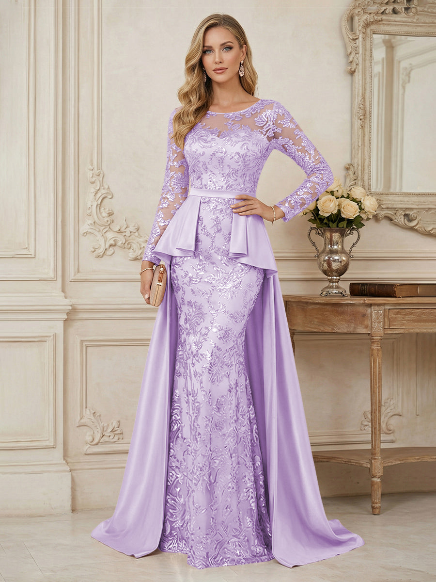Mermaid Scoop Long Sleeve Floor Length Mother of the Bride Dresses with Peplum & Appliques (SHI22500269)