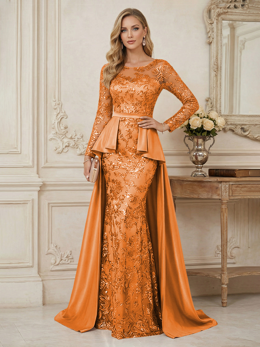 Mermaid Scoop Long Sleeve Floor Length Mother of the Bride Dresses with Peplum & Appliques (SHI22500269)